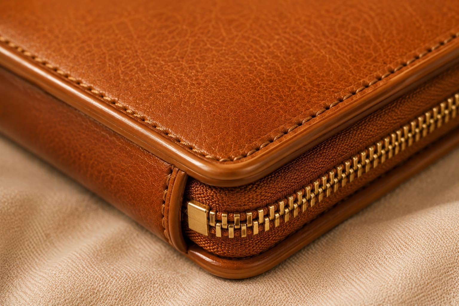 Macro of the reinforced corner, stitching and brass zip