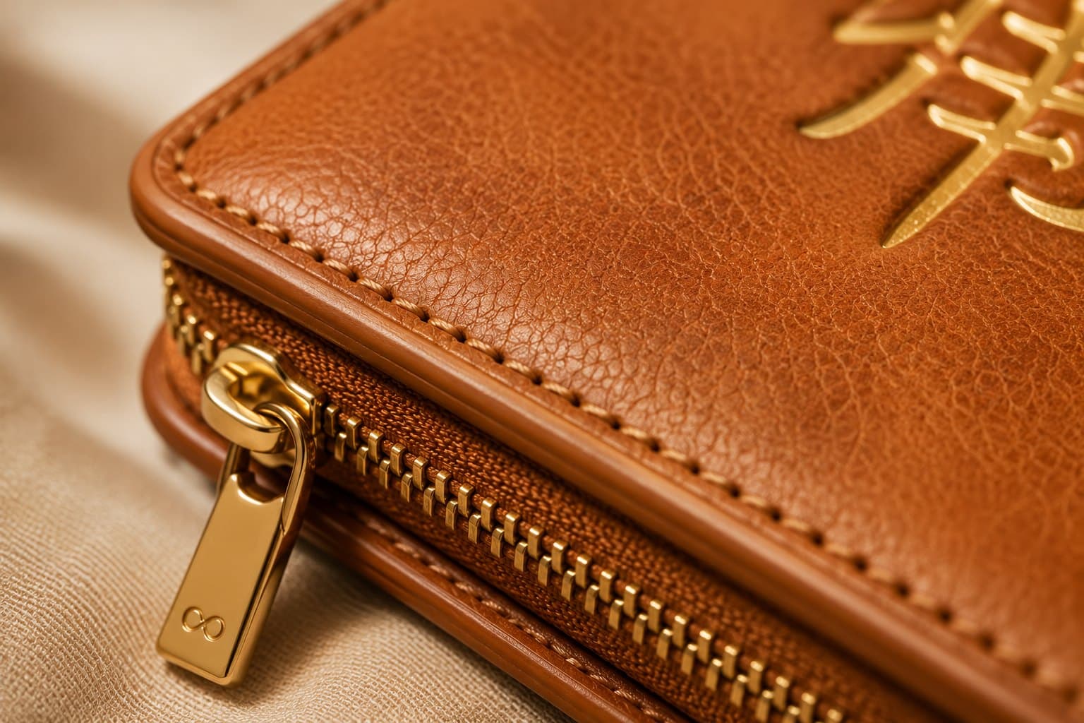 Macro detail of the brass zipper, stitching and full-grain leather