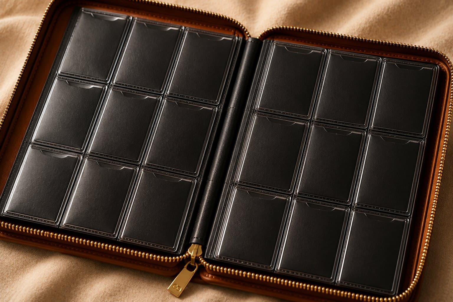 Binder open flat showing side-loading archival card pockets