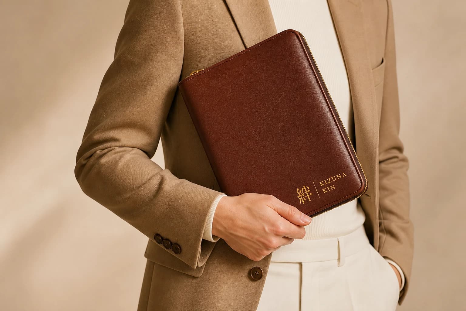 A collector in a tailored blazer holding an oxblood Kizuna Kin leather binder