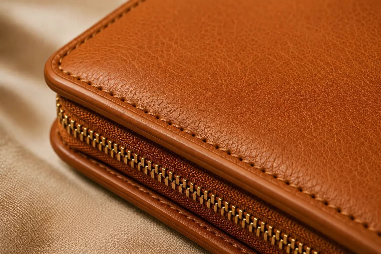 Macro detail of the metal zip, stitching, and binder exterior