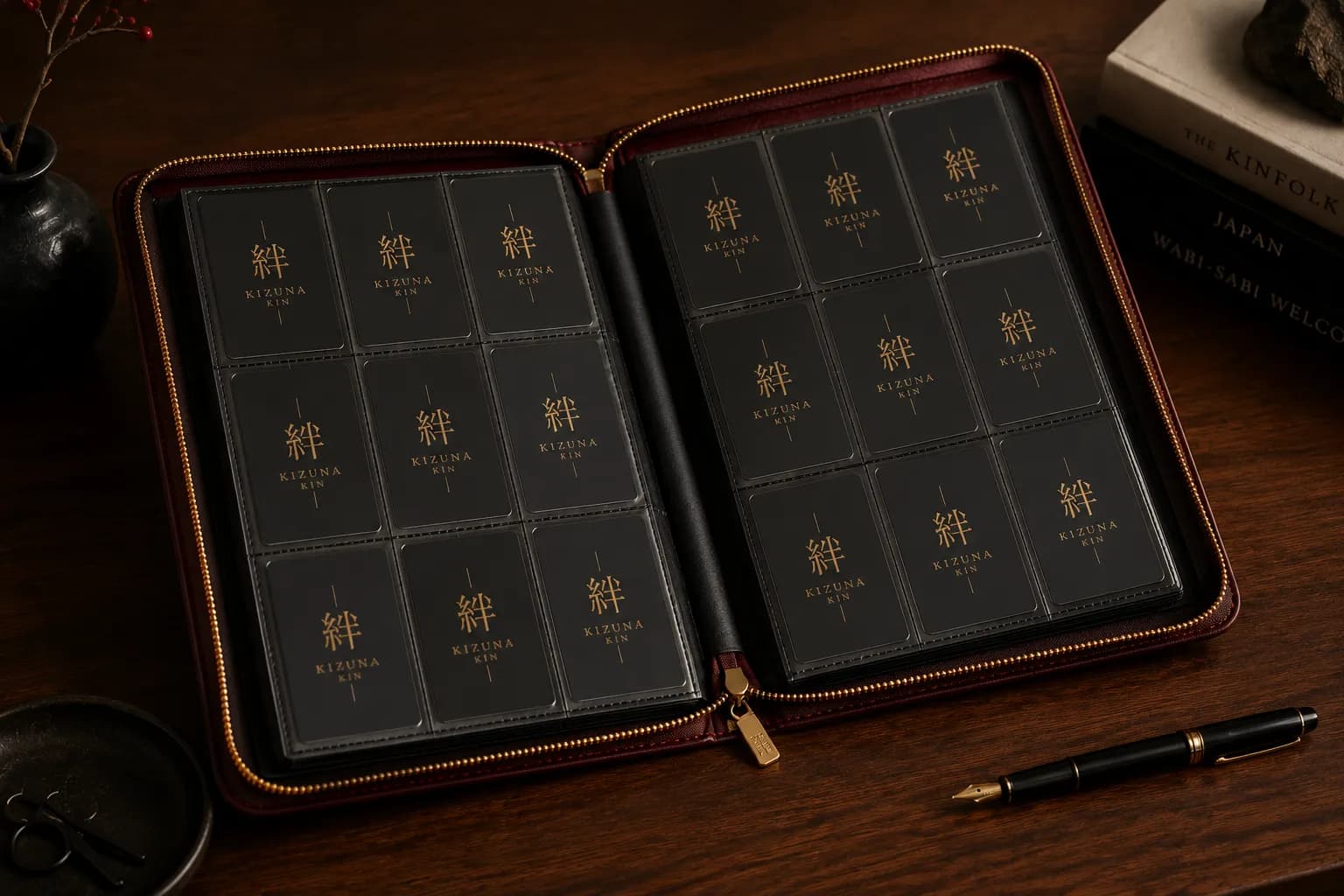 A Kizuna Kin binder styled with a sleeved trading card, fountain pen, and brass seal
